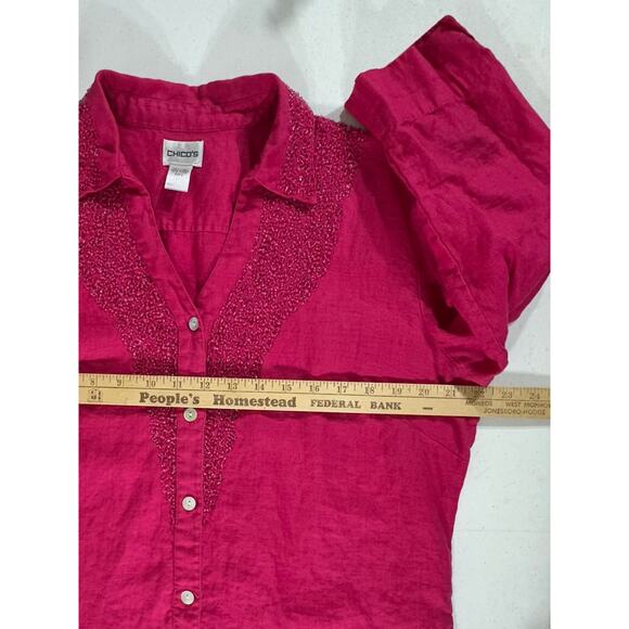 Chicos Blouse Top Size 2 or Large Pink Fuchsia 100% Linen Beaded Collar Chest - Picture 7 of 8
